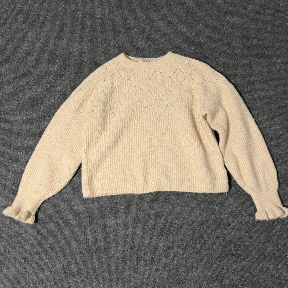 Old Navy Cream Pointelle Yoke Ruffle Cuff Ribbed Sweater Medium